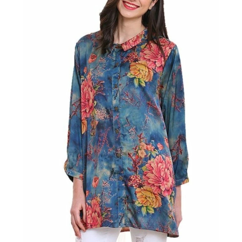Simply Couture Floral Print Tunic Top‎ Blouse Button Down Long Sleeve
